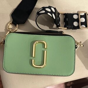 Marc Jacob’s Green snapshot Crossbody Bag with Gold Accents polka dot strap